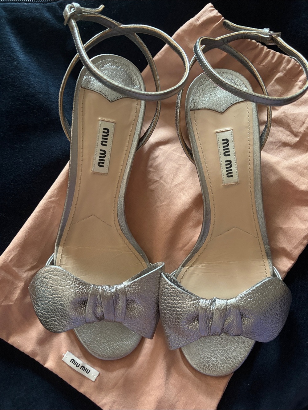 Miu Miu Silver Leather Bow Ankle-Strap Heels